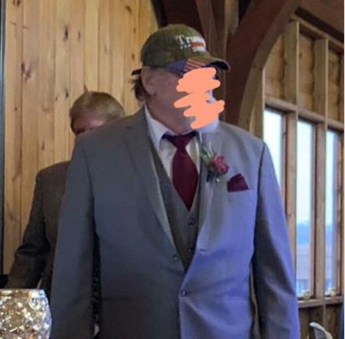 Groom's father wearing a camo hat to a wedding ceremony causing questionable wedding moments