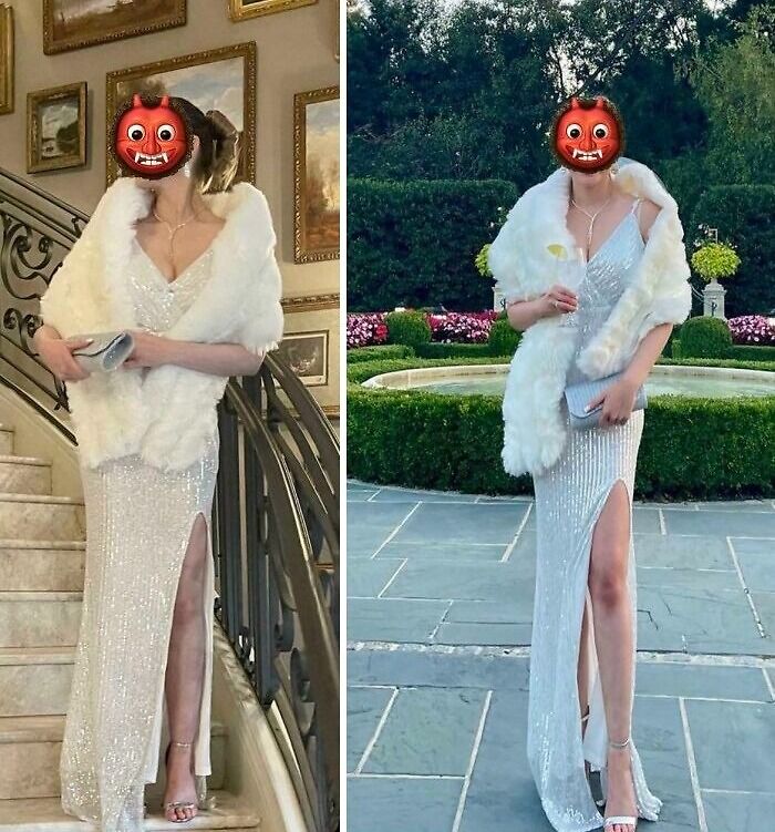 Two side-by-side photos of a woman in a white gown depicting questionable wedding moments