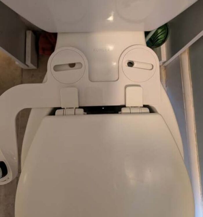 Toilet seat with hinges and holes resembling a surprised face staring