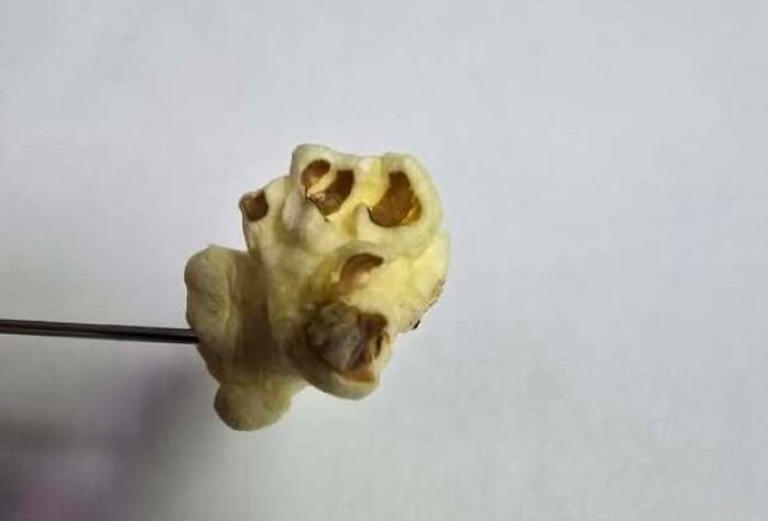 Popcorn kernel with shapes looking like a staring face