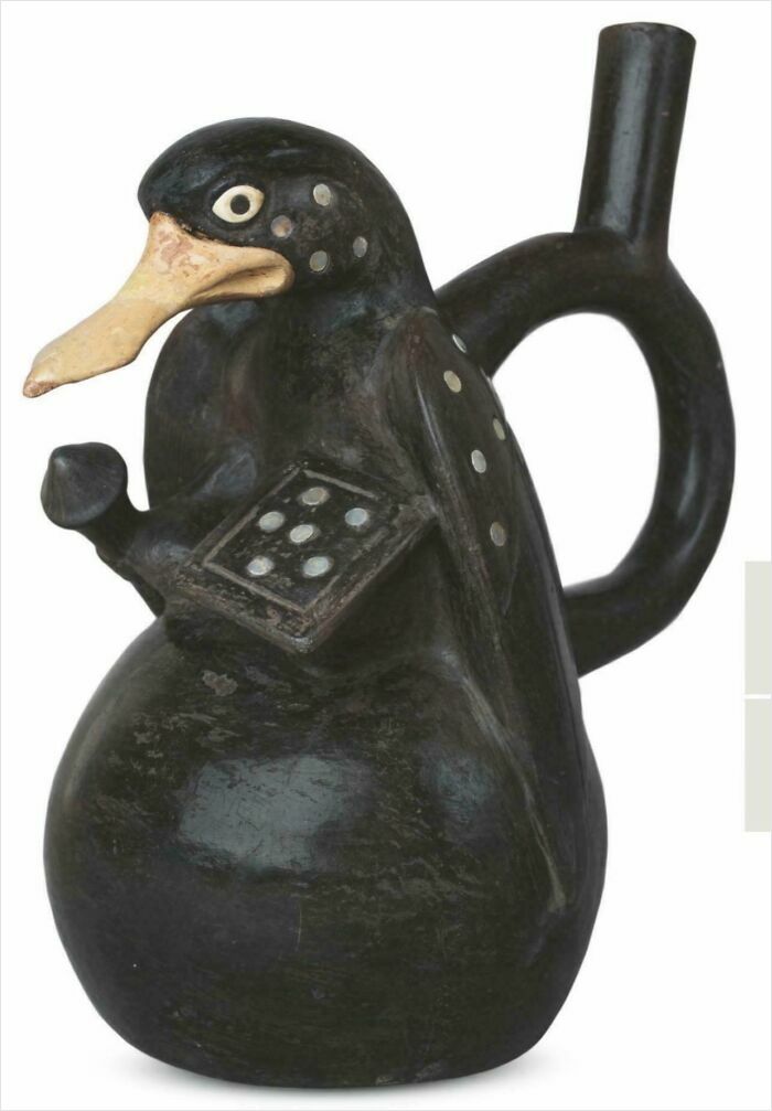 Pre-Columbian ceramic duck-shaped pottery with detailed black glaze