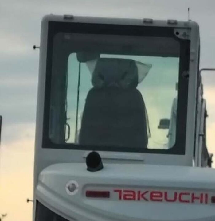 Construction vehicle cab with interior shapes that look like a face