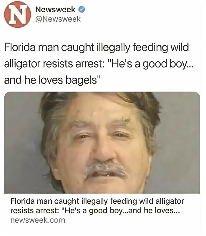 Hilarious News Headlines: Mugshot of Florida man arrested for feeding bagels to a wild alligator