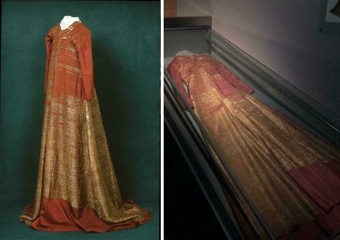 Medieval golden embroidered dress displayed in a museum case discovery