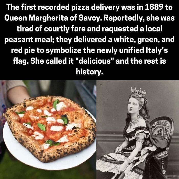 First recorded pizza delivery in 1889 to Queen Margherita with Italian flag colors pizza