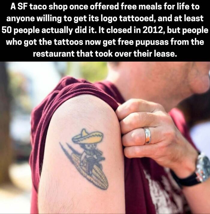 San Francisco taco shop logo tattoo offering free meals for life, unique food history