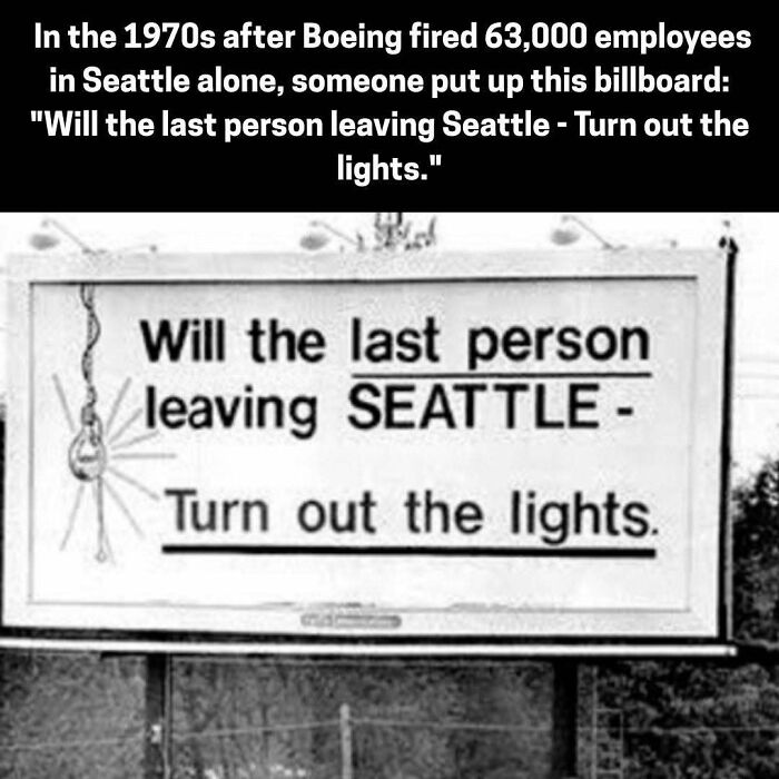 1970s Seattle billboard urging the last person leaving to turn out the lights after Boeing layoffs