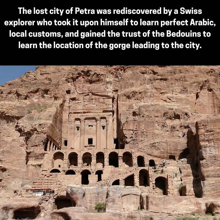 Petra ruins carved into rock with caption about rediscovery by Swiss explorer learning local customs and language