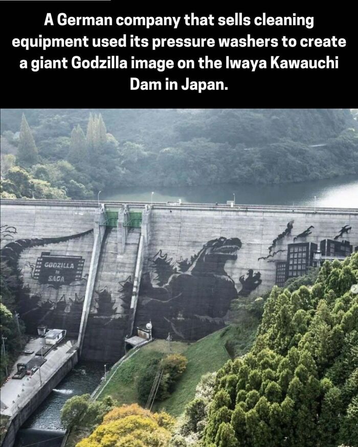 Godzilla image created on Iwaya Kawauchi Dam in Japan using pressure washers by a German cleaning company