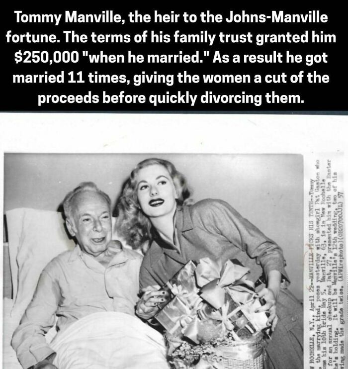 Vintage black and white photo of Tommy Manville with a woman highlighting his multiple marriages for fortune