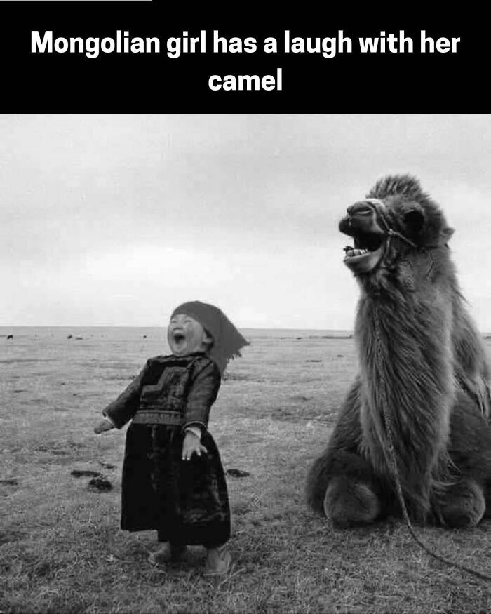 Black and white photo of a Mongolian girl laughing with her camel