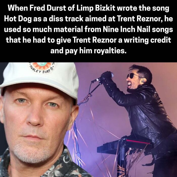 Fred Durst of Limp Bizkit used Nine Inch Nail songs in Hot Dog causing songwriting credits and royalties