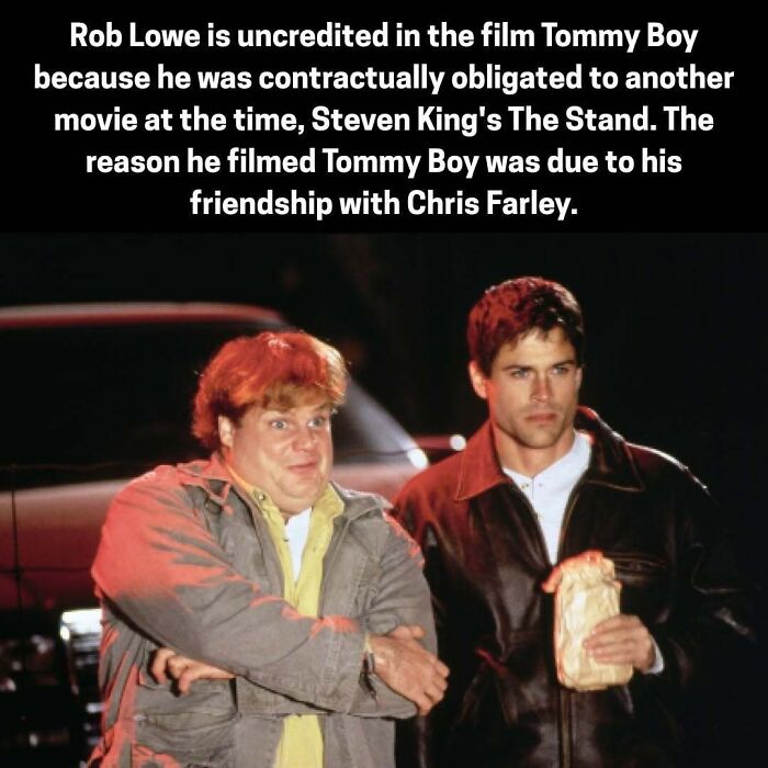 Rob Lowe uncredited in Tommy Boy due to contract, filmed movie for friendship with Chris Farley