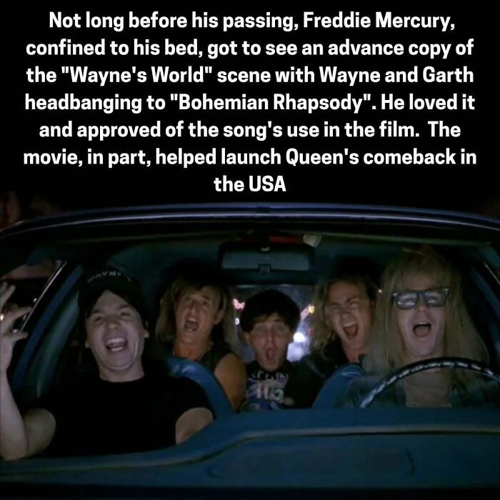 Wayne's World scene of characters headbanging in a car with trivia about Freddie Mercury and Bohemian Rhapsody