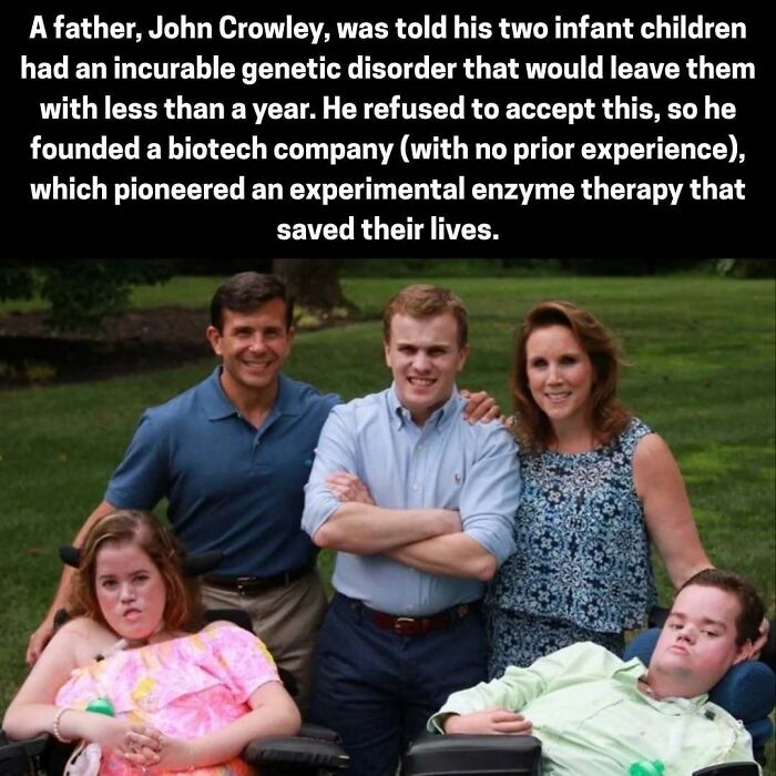 Family photo of John Crowley and his children who were saved by his biotech enzyme therapy innovation