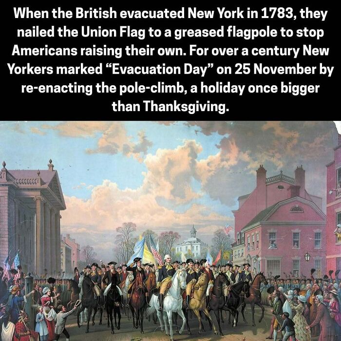 Painting showing British evacuation of New York in 1783 marked by Union Flag on greased pole