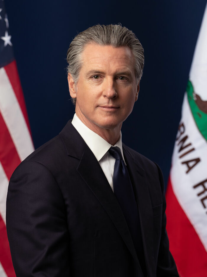 Official portrait of Gavin Newsom in a suit standing between the American and California flags.