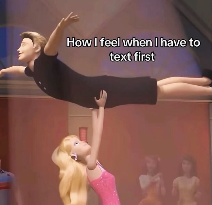 Animated character holding another, captioned how it feels to text first female meme