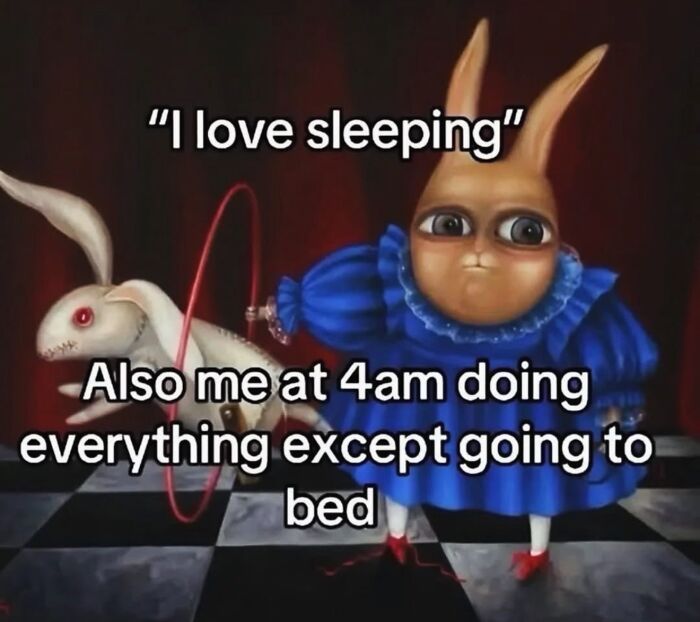 Relatable female meme of a rabbit character avoiding sleep at 4am despite loving sleeping