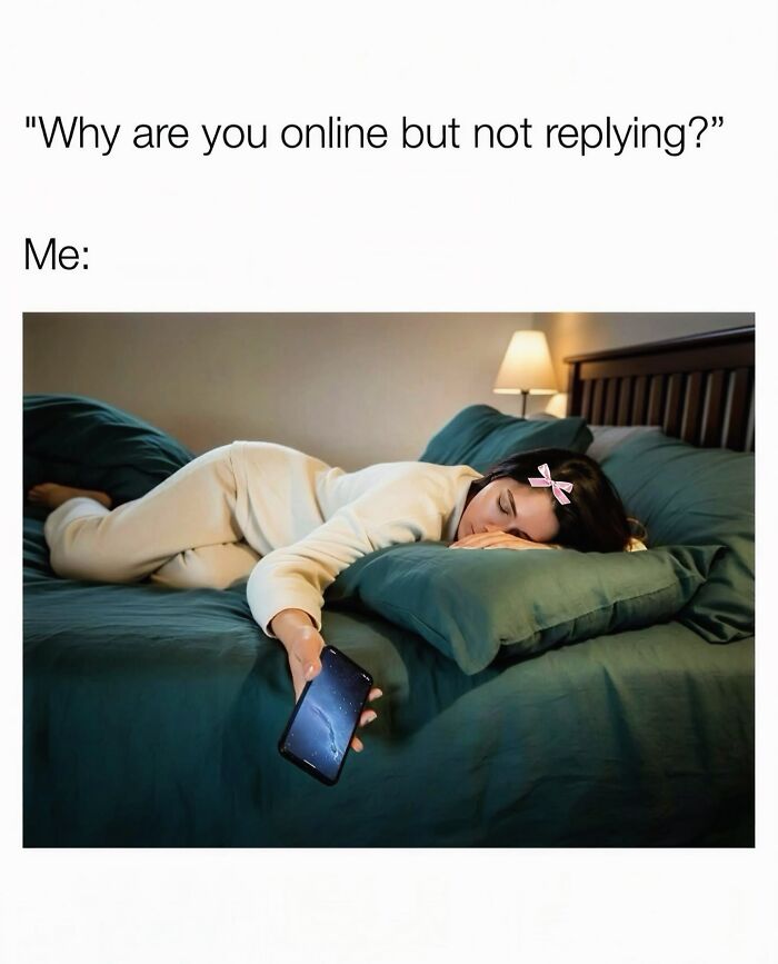 Relatable female meme of woman lying on bed ignoring messages online