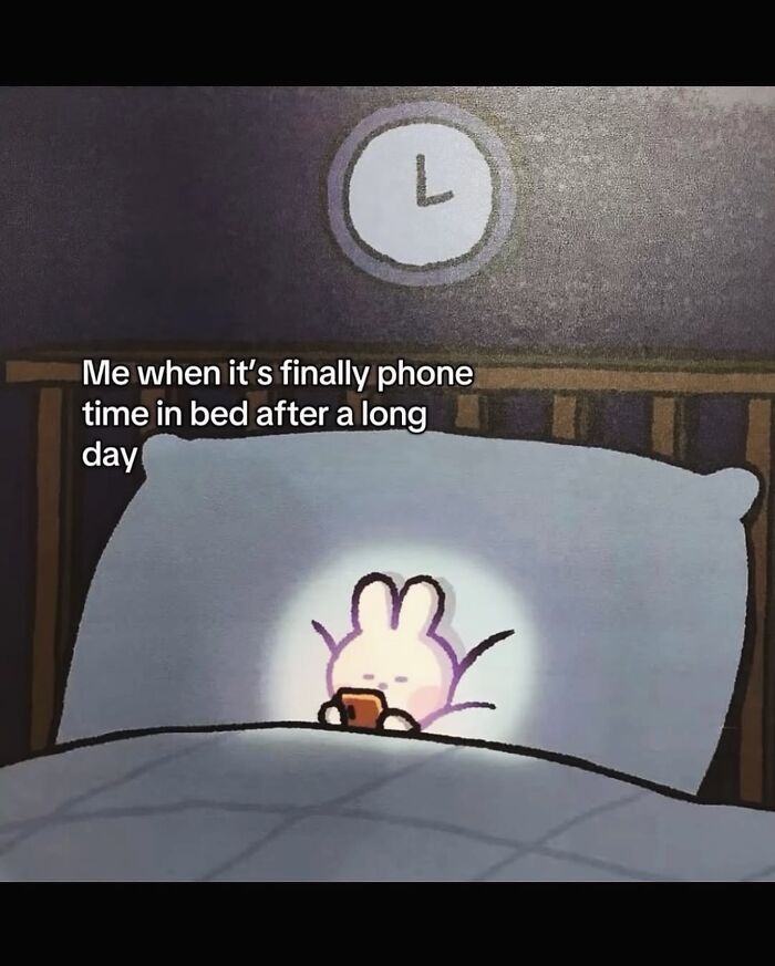 Relatable female meme of a cartoon bunny on phone in bed after a long day