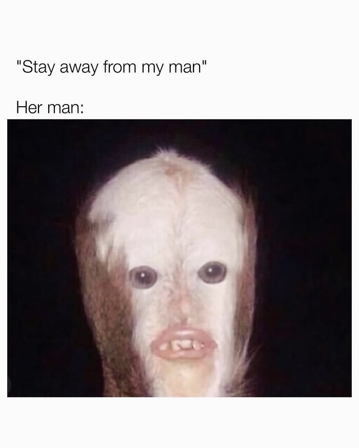 Funny female meme featuring a dog with human-like lips as her man