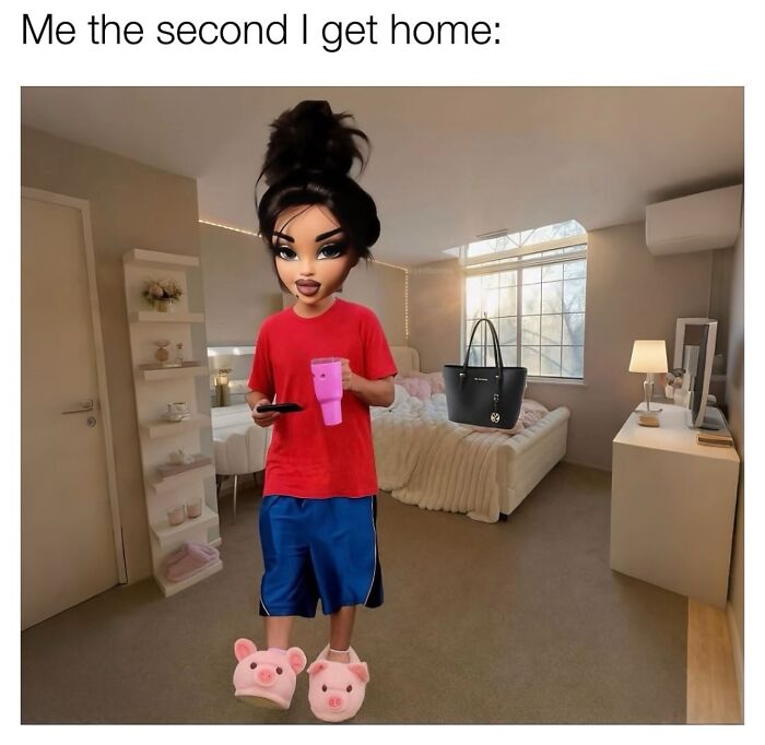Doll character wearing casual clothes and pig slippers in relatable female memes about relaxing at home