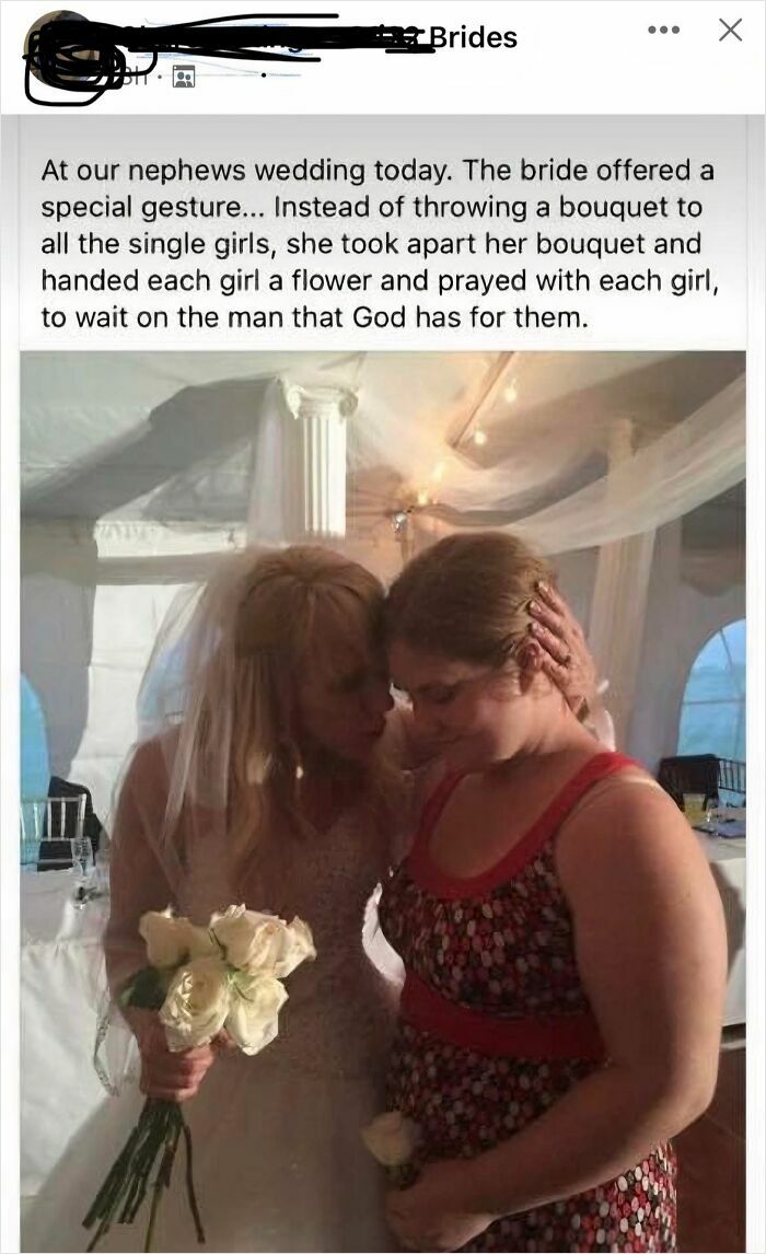 A bride hands a single flower and prays for a guest, making for a questionable wedding moment