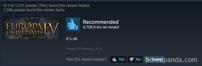 Entertaining Steam review for Europa Universalis IV with over four thousand hours played saying it is ok.