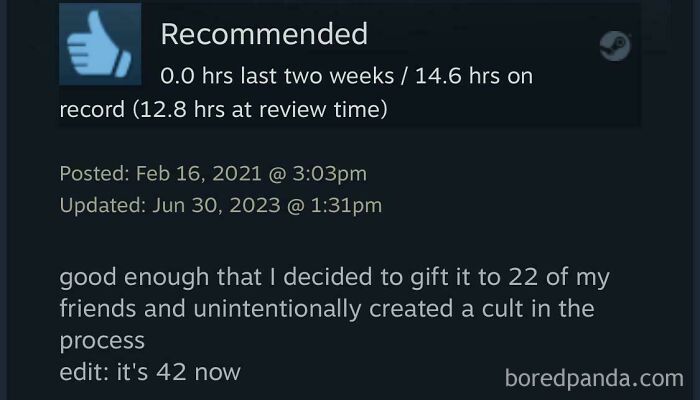 Funny Steam reviews showing a recommended game review about gifting games to friends