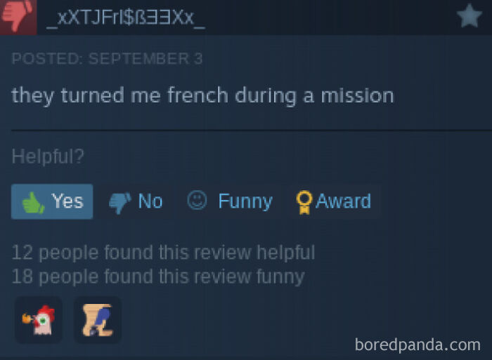 Entertaining Steam reviews with a user complaining about being turned french in a mission