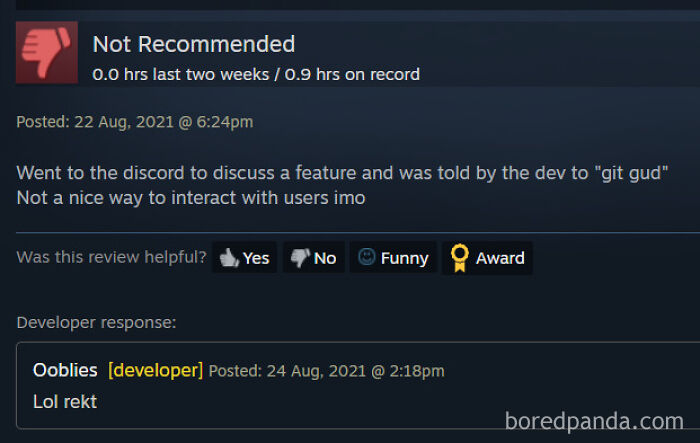 Funny Steam reviews showing a developer responding Lol rekt to a negative review