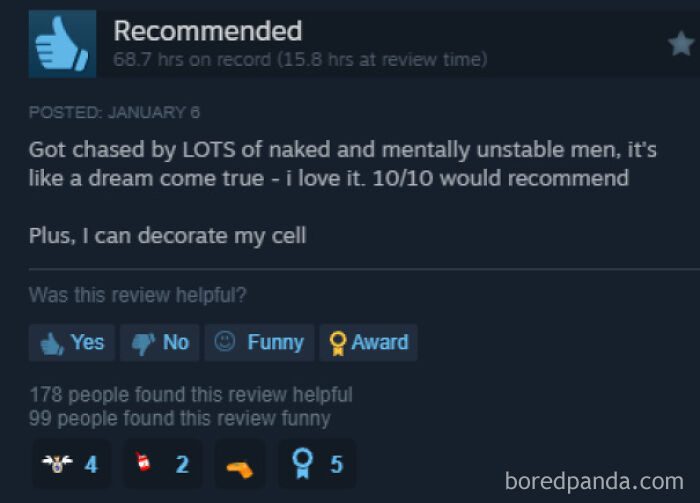 Entertaining Steam reviews about getting chased by men and decorating a cell in game