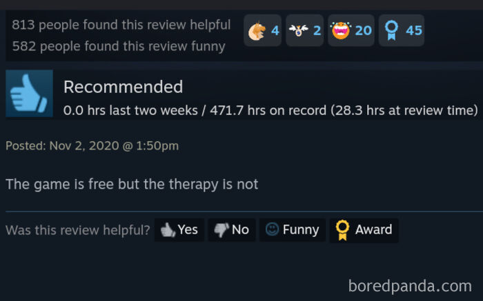 A humorous Steam review stating that the game is free but therapy is not, with hundreds of hours played.