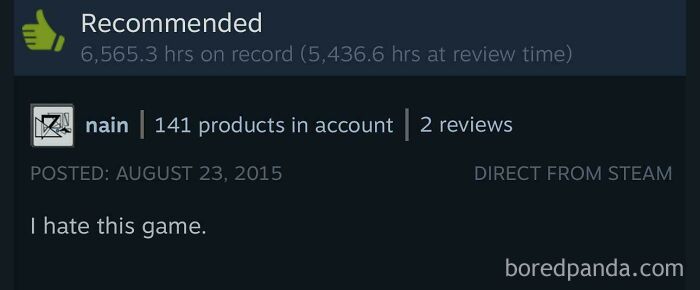 Funny Steam review showing over six thousand hours played and a recommendation stating I hate this game.
