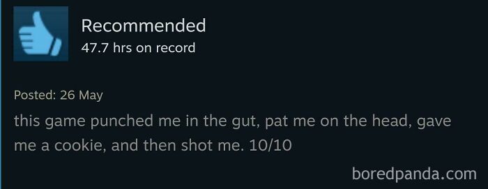 Funny Steam review giving a 10/10 rating after an intense emotional rollercoaster gameplay experience.