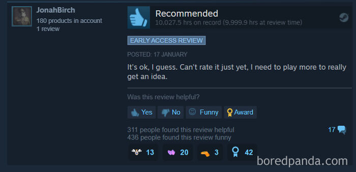 Entertaining Steam review by a user with over 10,000 hours played saying they need to play more to rate it.