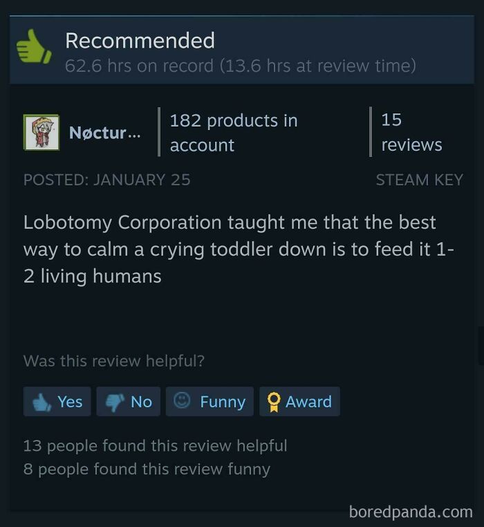 Darkly funny Steam review describing a bizarre gameplay lesson from Lobotomy Corporation.