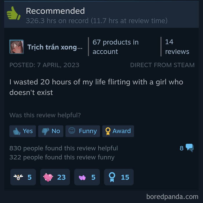 Humorous Steam review about spending 20 hours flirting with a fictional video game character.