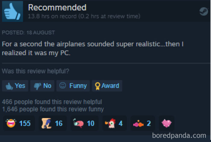 Entertaining Steam review comparing loud PC fan noise to realistic airplane sounds.