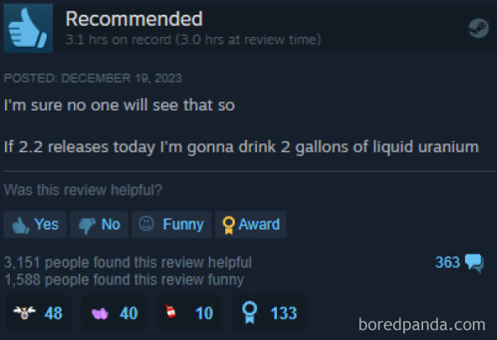 Funny Steam review joking about drinking liquid uranium if update 2.2 releases today.