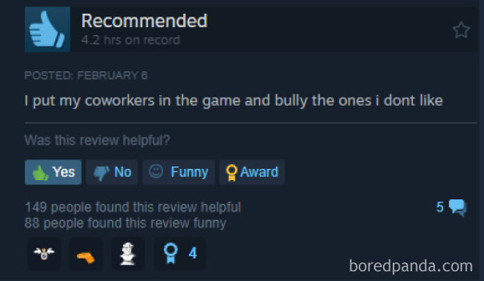 An entertaining Steam review about putting coworkers in a game to bully them.
