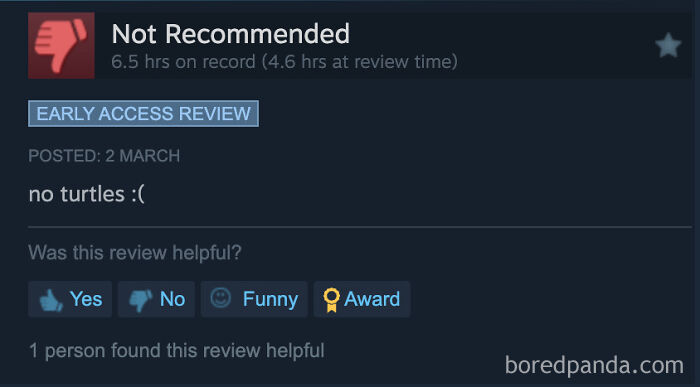 A funny Steam review giving a negative score because there are no turtles.