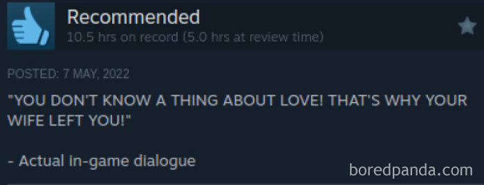 A humorous Steam review quoting funny in-game dialogue about love.