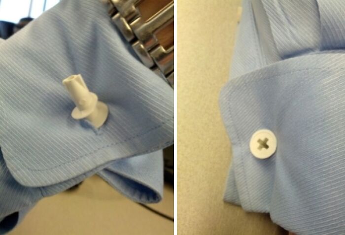 A plastic drywall anchor used as a shirt cufflink in these redneck fixes.