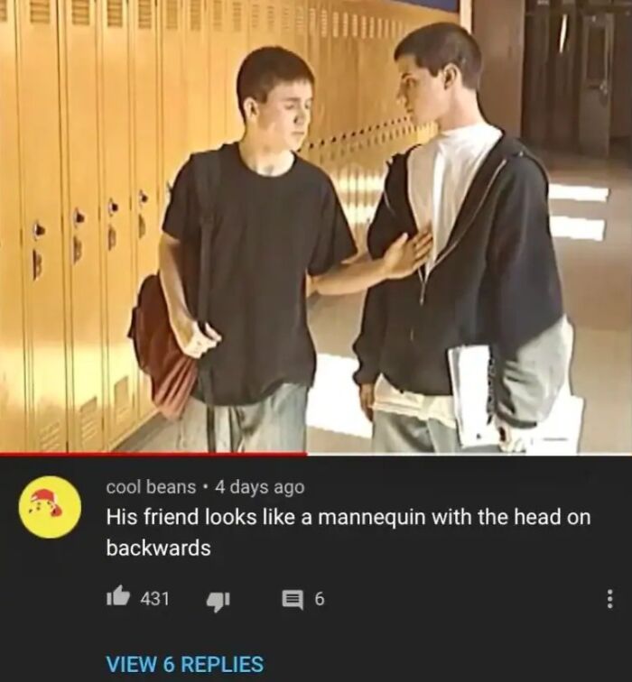 Two boys in a school hallway with a comment illustrating funny insults about looking backwards.