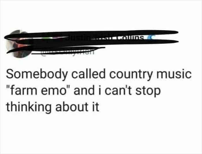 A social media text post showcasing funny and oddly accurate insults about country music being farm emo.