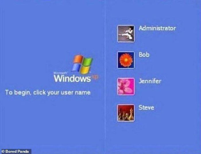 A classic Windows XP login screen displaying user profiles from nostalgic photo memories.