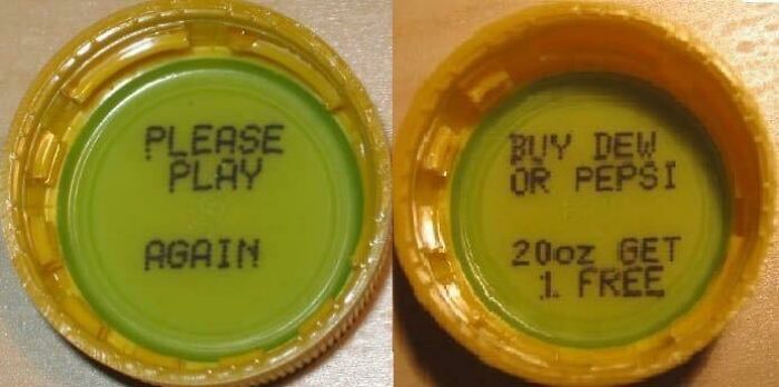 Old soda bottle caps with promotional game messages