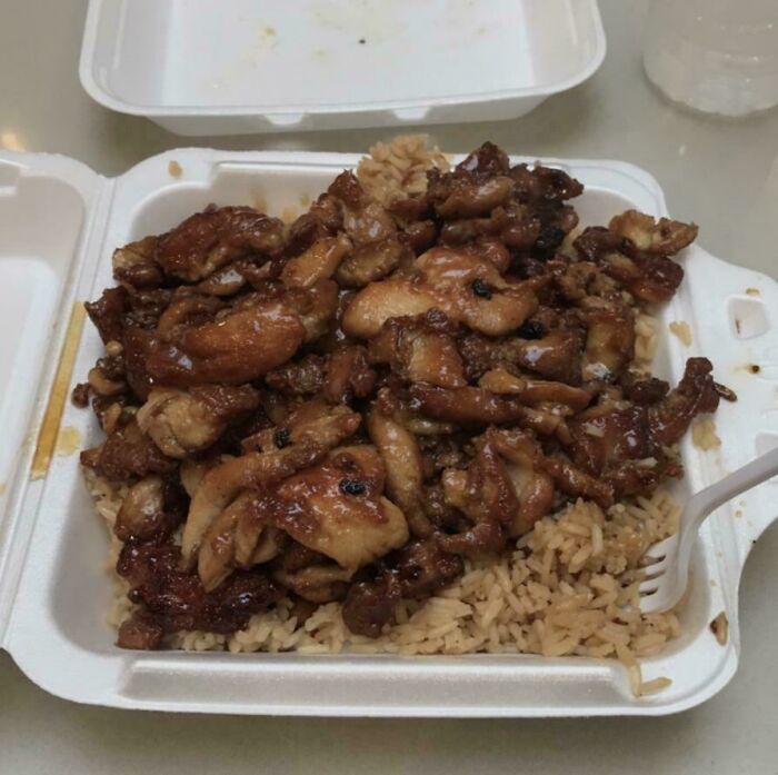 Nostalgic photo of takeout container with grilled chicken teriyaki and rice